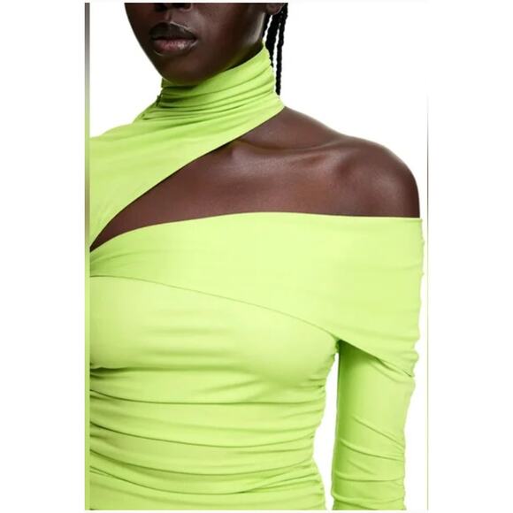 Mugler H&M One Shoulder Ruched Mini Dress Women’s M Neon Green NEW Runway Collab - Picture 2 of 16